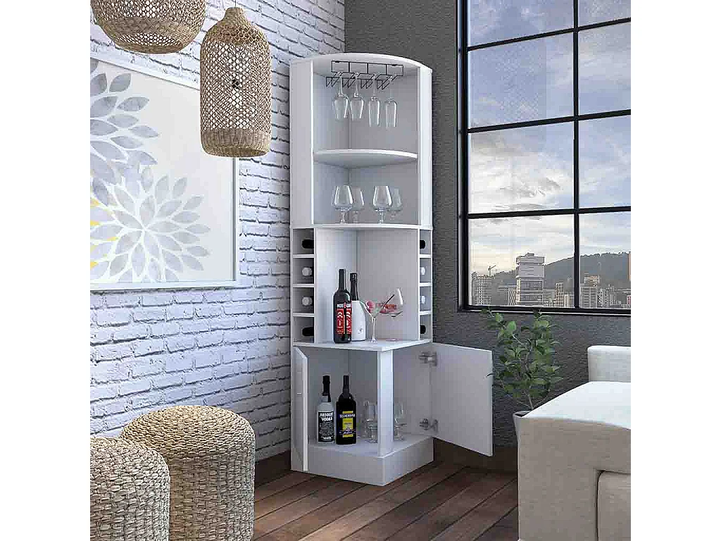 Meuble bar d'angle Syrah, avec porte-verre, 180.59 cm X 46.73 cm X 46.73 cm , Blanc