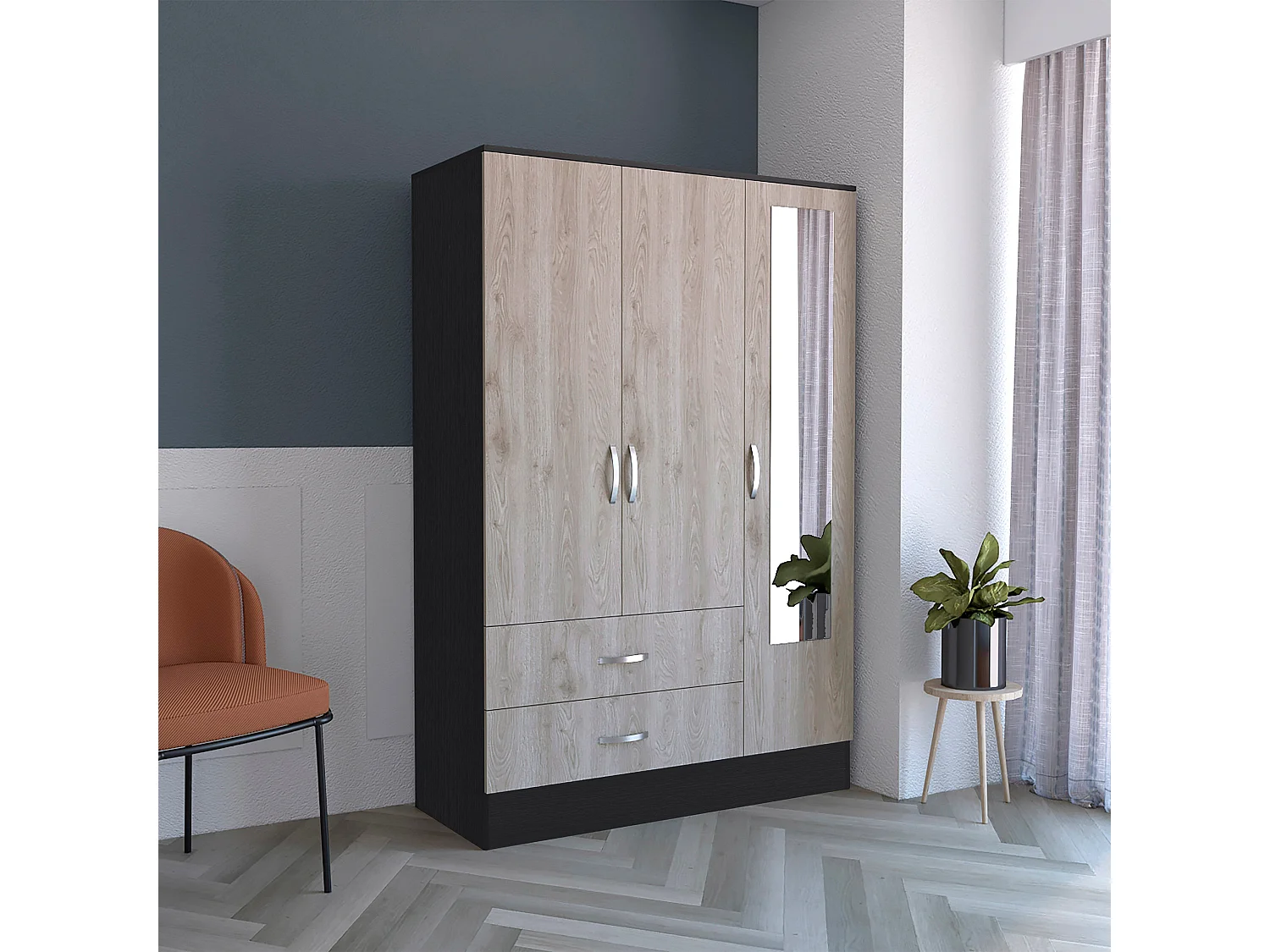 Armoire avec miroir Bolton, 3 portes et  2 tiroirs