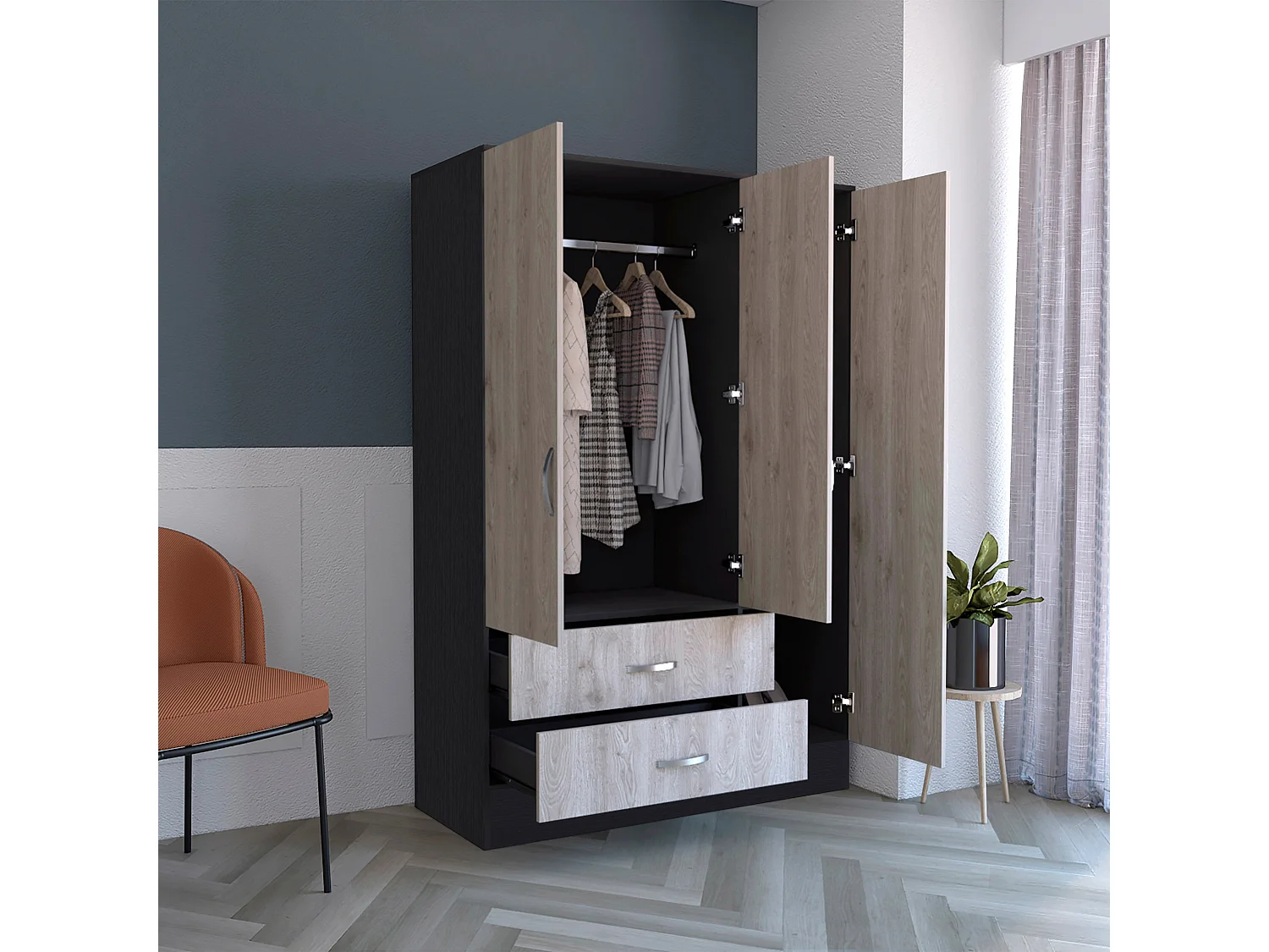 Armoire avec miroir Bolton, 3 portes et  2 tiroirs