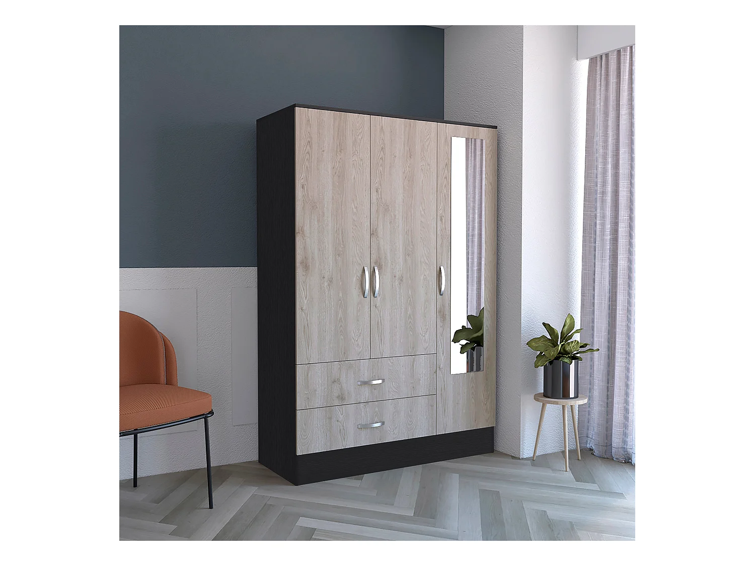 Armoire avec miroir Bolton, 3 portes et  2 tiroirs