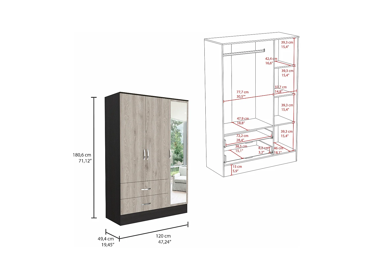 Armario con Espejo Bolton, 3 puertas y 2 cajones