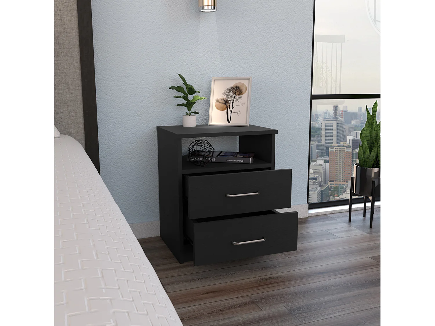 Comodino Napoli, con 2 cassetti, 50.54 cm X 40.69 cm X 32.76 cm , Nero