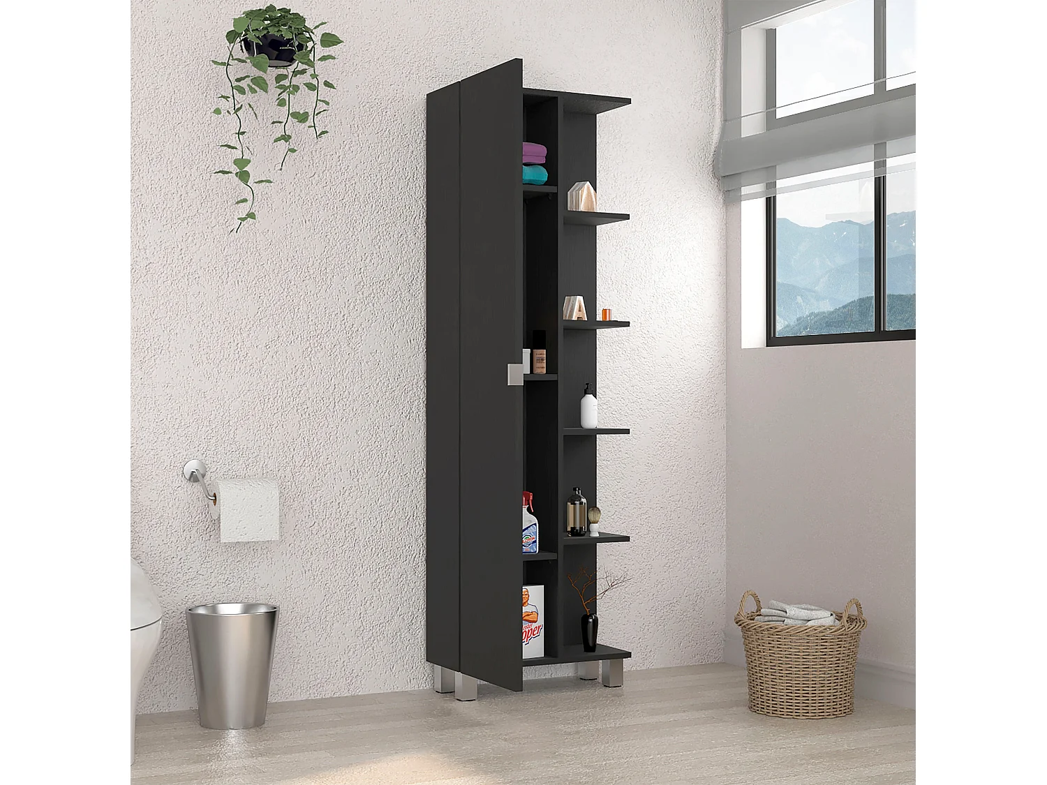 Mueble Alto de Baño Urano, con 5 estantes , 157.98 cm  X 51.18 cm  X 21.46 cm  , Negro
