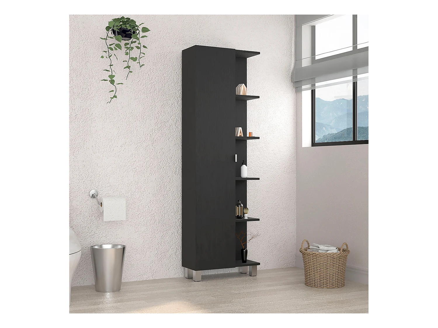 Meuble de salle de bain haut Urano, avec 5 étagères , 157.98 cm X 51.18 cm X 21.46 cm , Noir