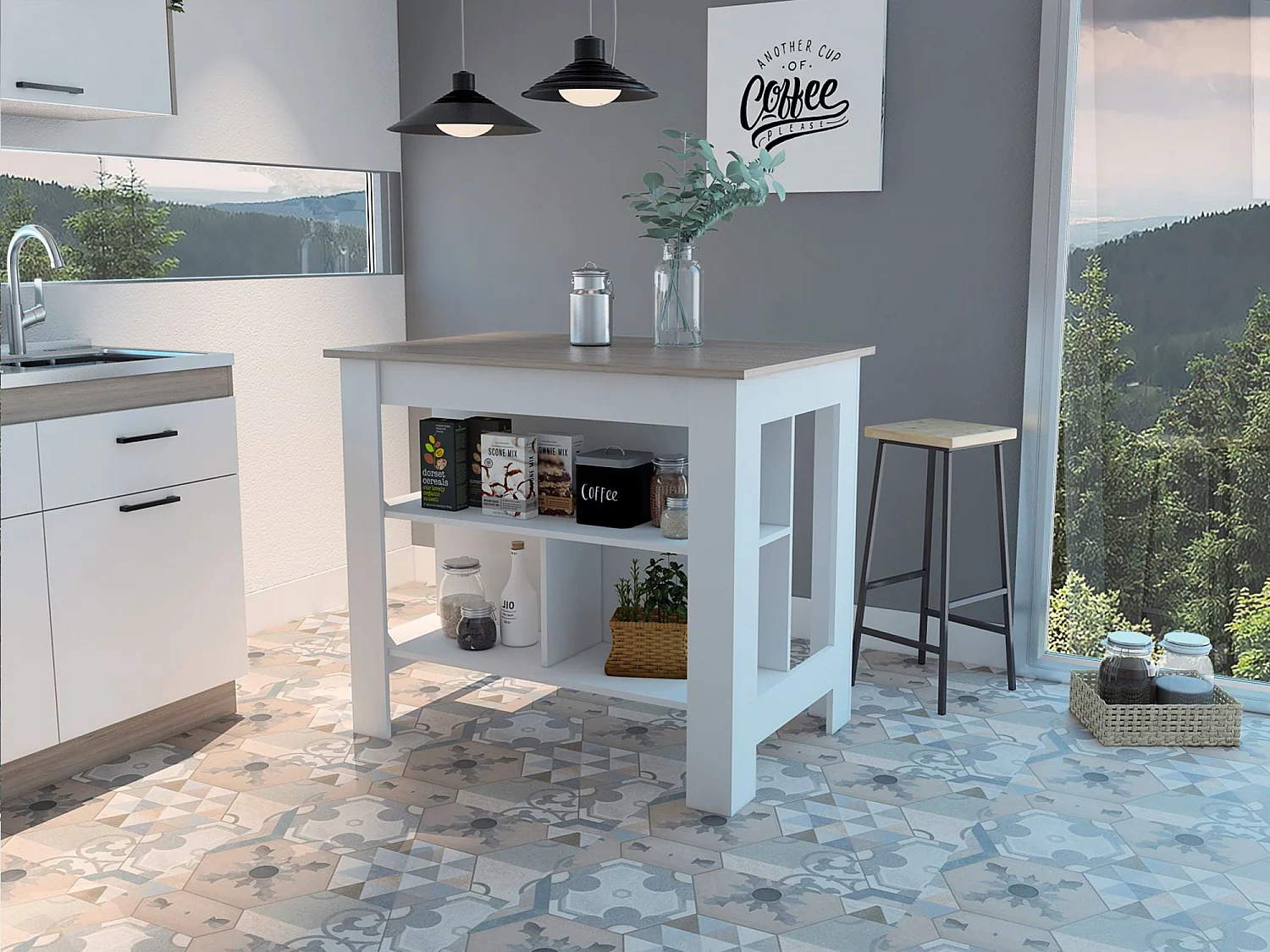 Isla de Cocina Antibacteriana Cala, superficie antibacterial y tres estantes , 89.91 cm  X 102.87 cm  X 69.85 cm  , Multicolor