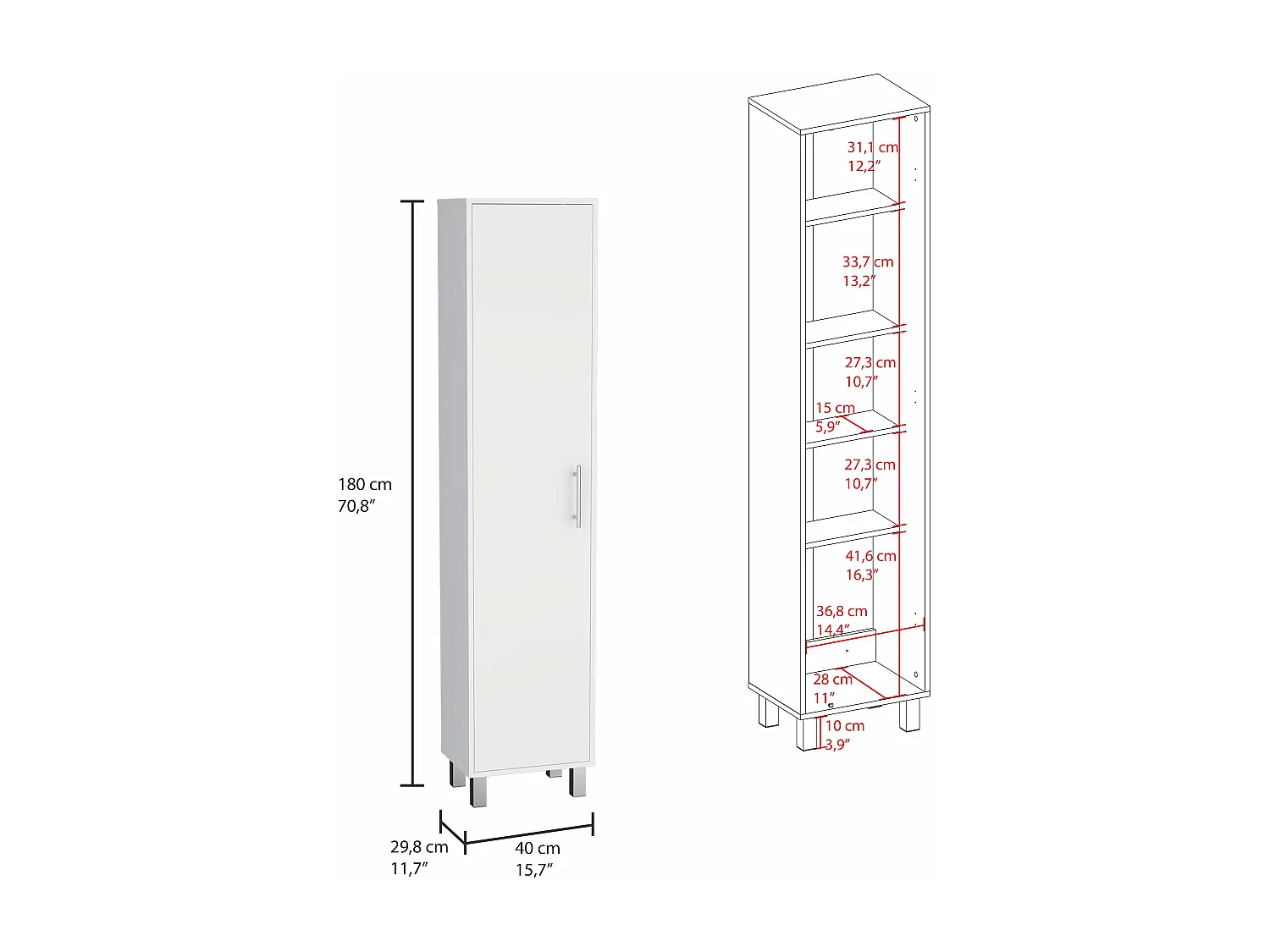 Laska Armoire multifonctionnelle, avec 1 porte et pieds , 180 cm X 40 cm X 29.8 cm , Multicolore