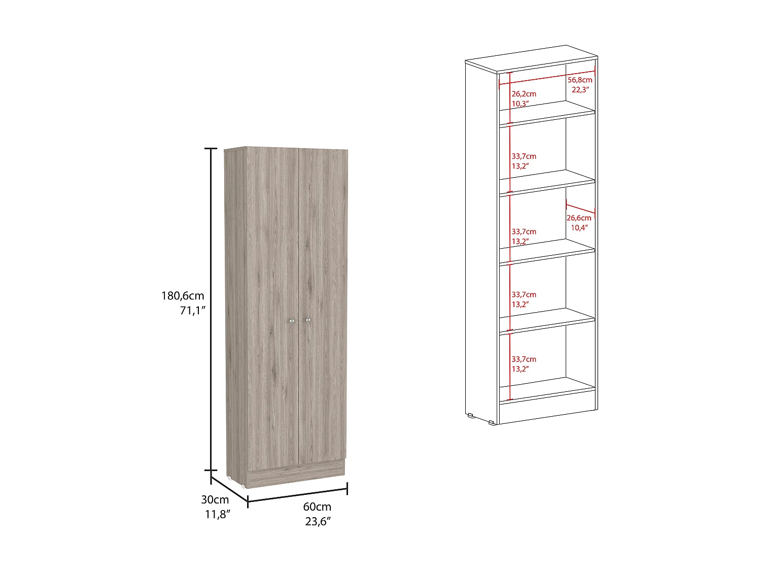 Armario Multifuncional Z 60, con dos puertas y estantes internos , 180.59 cm  X 59.94 cm  X 29.97 cm  , Gris / plata