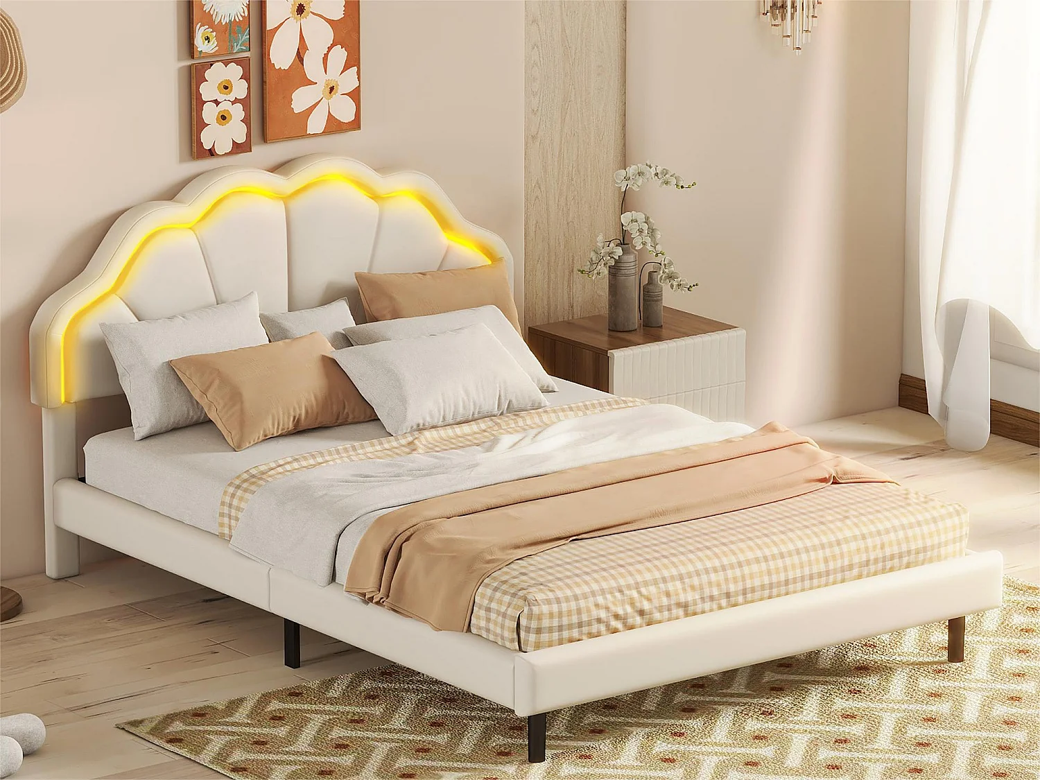 Lit rembourré en similicuir 140x200cm avec LED - tête de lit en forme de coquille et sommier à lattes - Beige