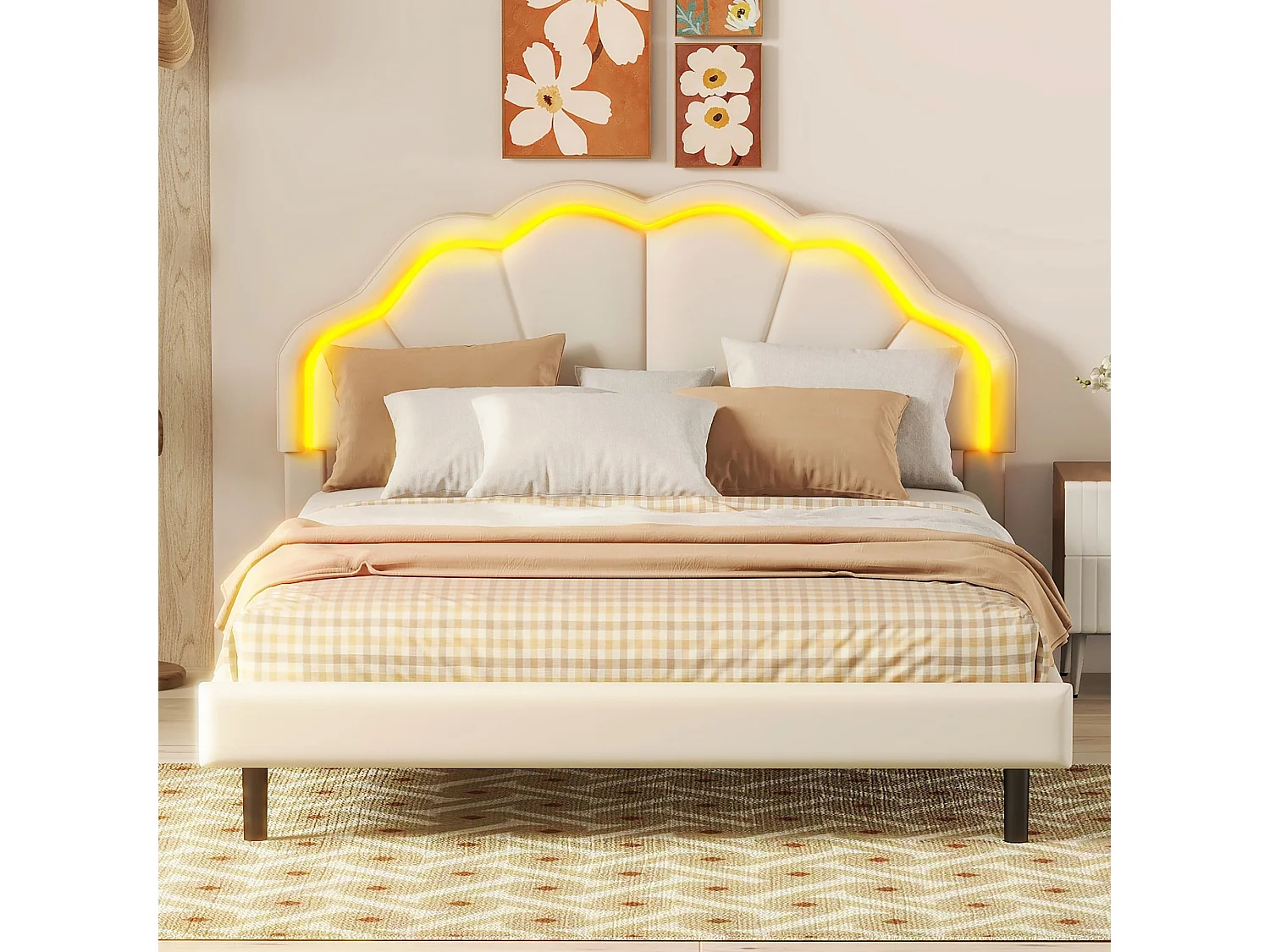 Lit rembourré en similicuir 140x200cm avec LED - tête de lit en forme de coquille et sommier à lattes - Beige