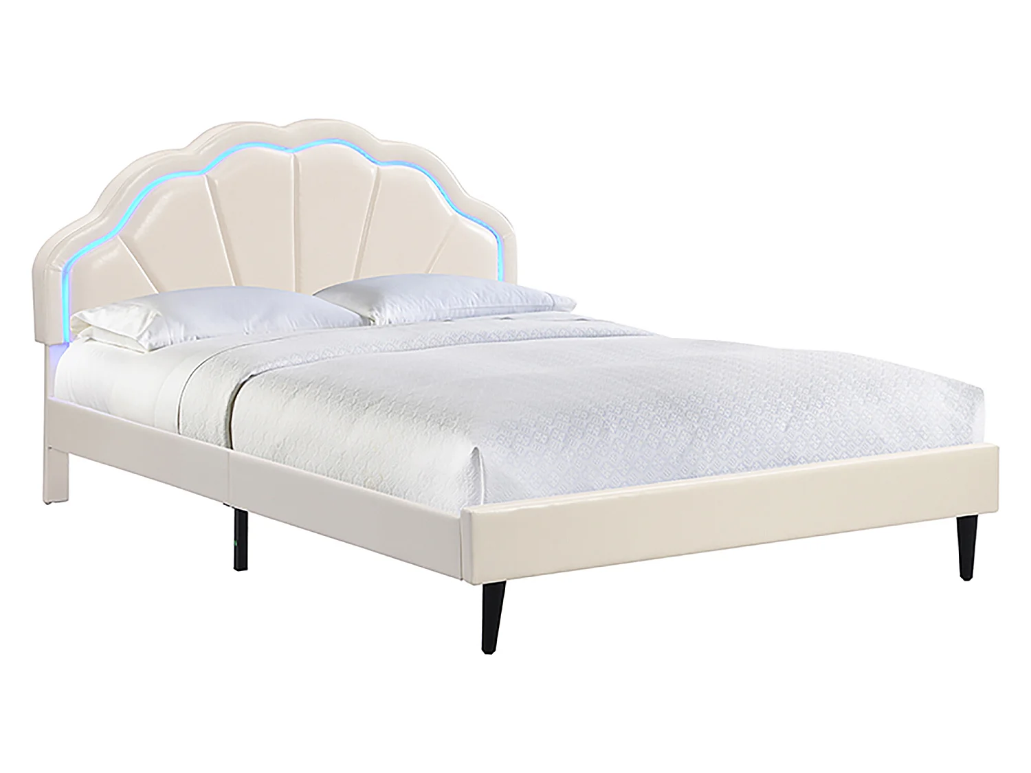 Lit rembourré en similicuir 140x200cm avec LED - tête de lit en forme de coquille et sommier à lattes - Beige