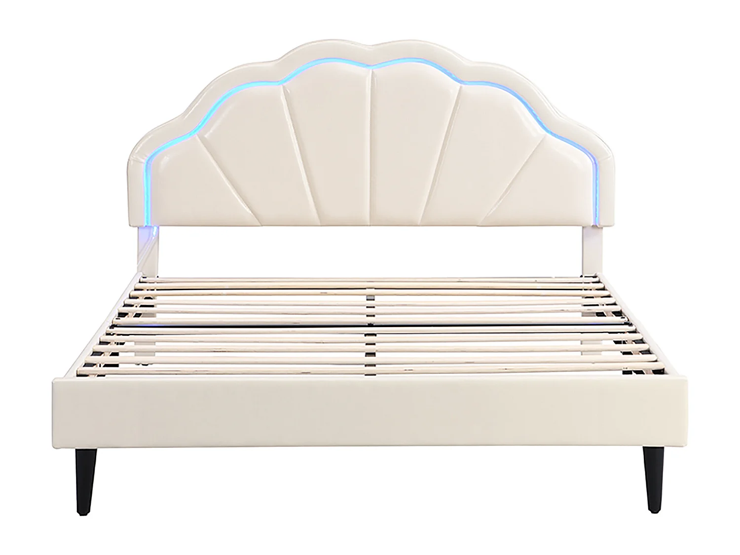 Lit rembourré en similicuir 140x200cm avec LED - tête de lit en forme de coquille et sommier à lattes - Beige