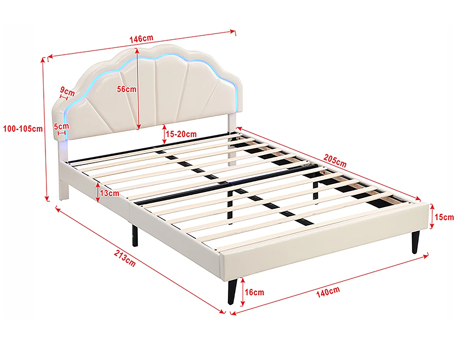 Lit rembourré en similicuir 140x200cm avec LED - tête de lit en forme de coquille et sommier à lattes - Beige