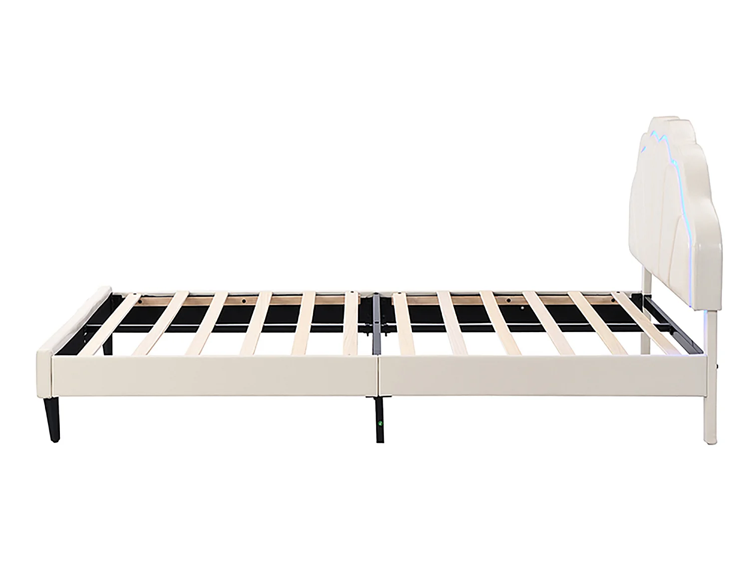 Lit rembourré en similicuir 140x200cm avec LED - tête de lit en forme de coquille et sommier à lattes - Beige