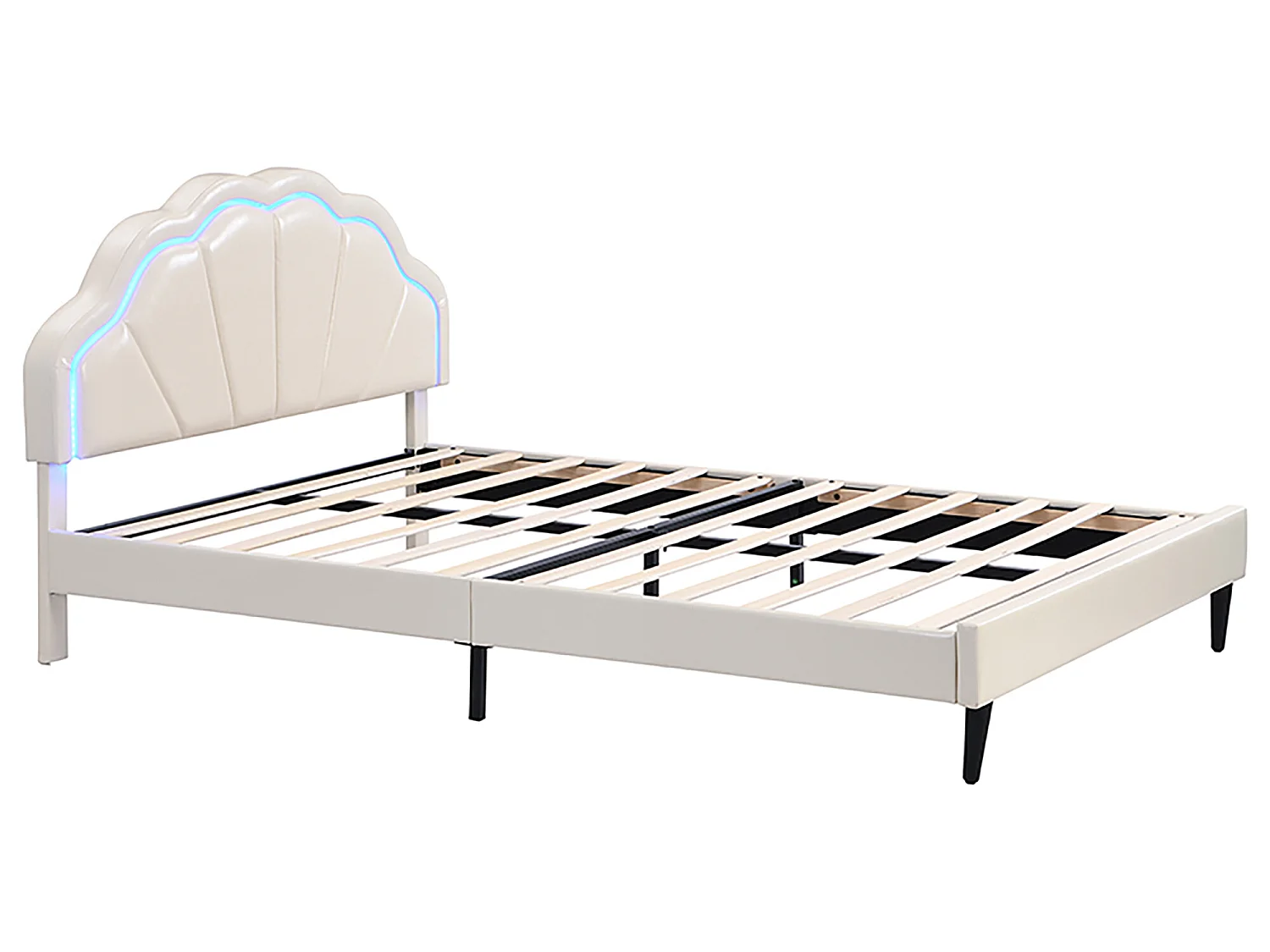 Lit rembourré en similicuir 140x200cm avec LED - tête de lit en forme de coquille et sommier à lattes - Beige