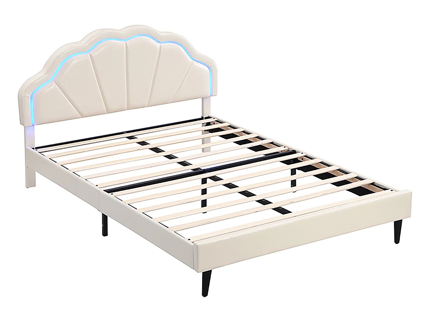 Lit rembourré en similicuir 140x200cm avec LED - tête de lit en forme de coquille et sommier à lattes - Beige