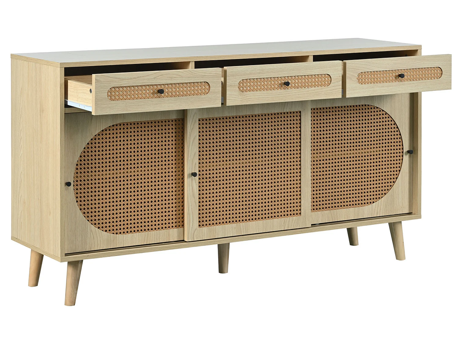 Buffet 140cm avec 3 portes coulissantes en rotin et 3 tiroirs - étagères internes réglables - Naturel
