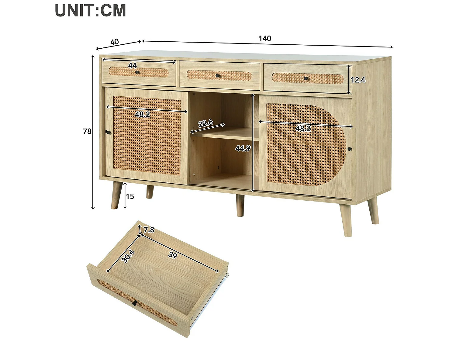 Buffet 140cm avec 3 portes coulissantes en rotin et 3 tiroirs - étagères internes réglables - Naturel