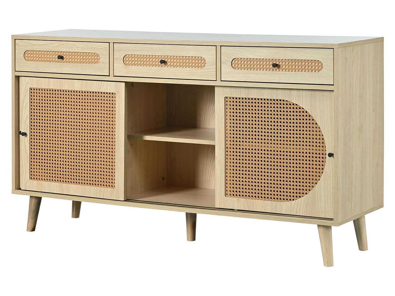 Buffet 140cm avec 3 portes coulissantes en rotin et 3 tiroirs - étagères internes réglables - Naturel