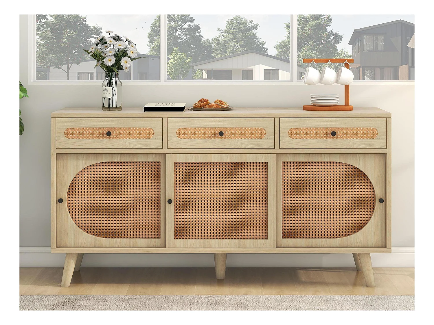 Buffet 140cm avec 3 portes coulissantes en rotin et 3 tiroirs - étagères internes réglables - Naturel