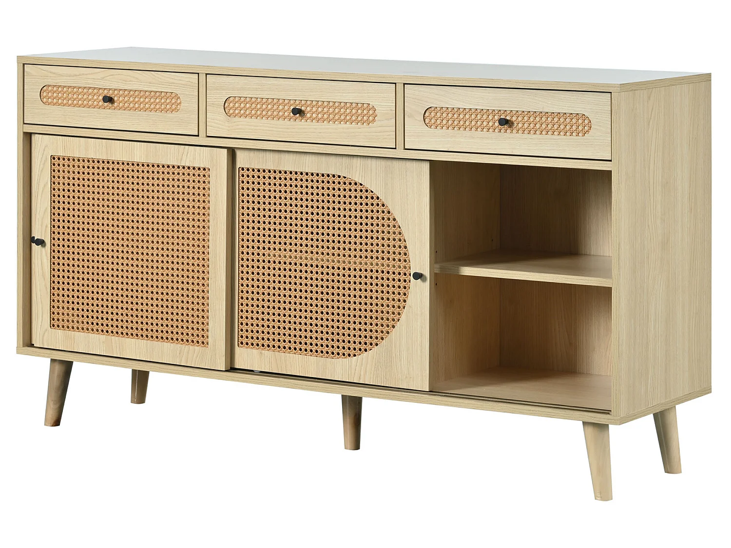 140 cm großes Sideboard mit 3 Schiebetüren aus Rattan und 3 Schubladen – verstellbare Innenregale – Natur
