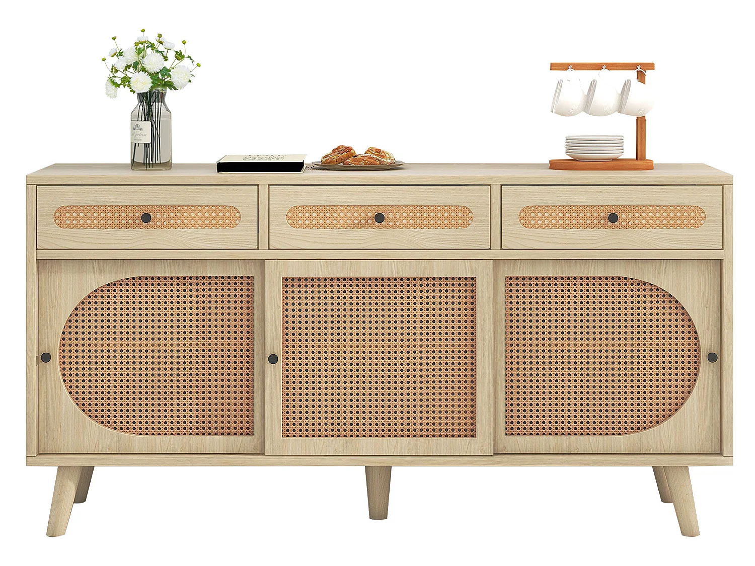 140 cm großes Sideboard mit 3 Schiebetüren aus Rattan und 3 Schubladen – verstellbare Innenregale – Natur