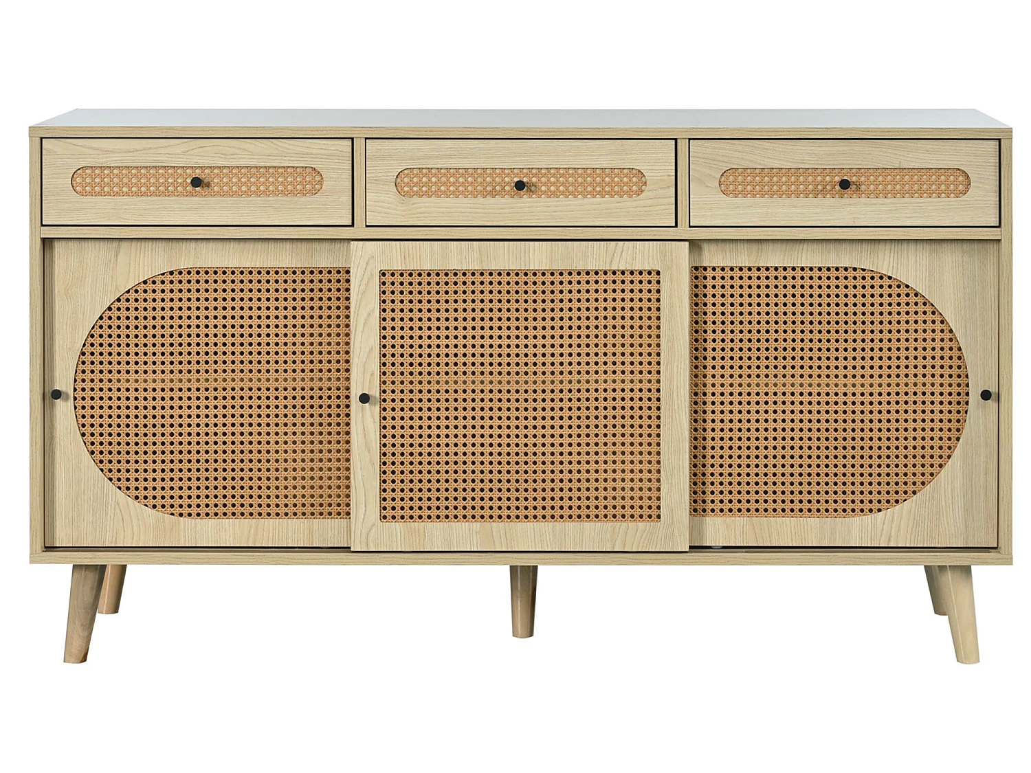140 cm großes Sideboard mit 3 Schiebetüren aus Rattan und 3 Schubladen – verstellbare Innenregale – Natur
