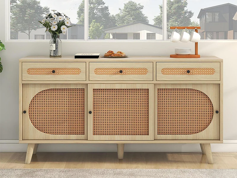 Buffet 140cm avec 3 portes coulissantes en rotin et 3 tiroirs - étagères internes réglables - Naturel