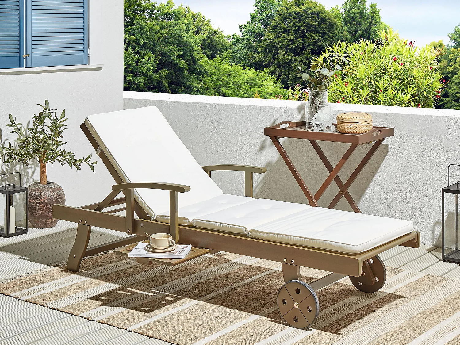 Lettino Prendisole con Cuscino AMANTEA Legno d'acacia Bianco sporco