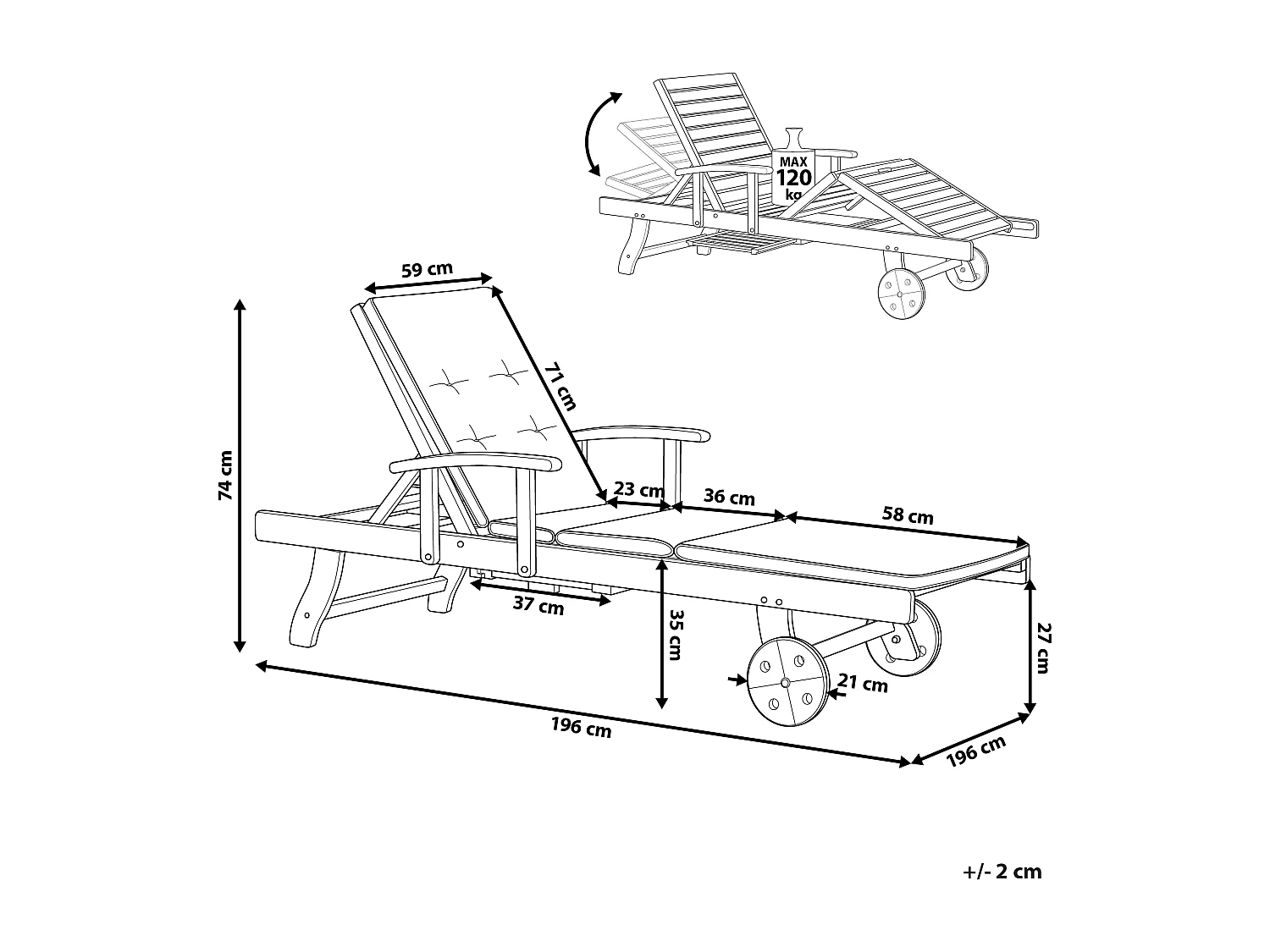 Chaise longue inclinable en bois d'acacia et coussin taupe AMANTEA