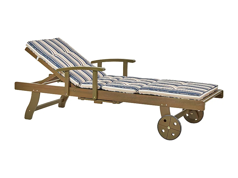 Gartenliege Holz dunkelbraun mit Rädern verstellbar Auflage blau-beige Amantea