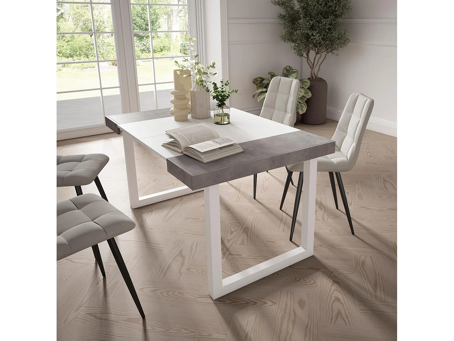 Uitschuifbare Consoletafel, 140x90x73cm, Voor 6 personen, Massief houten poten, Cement