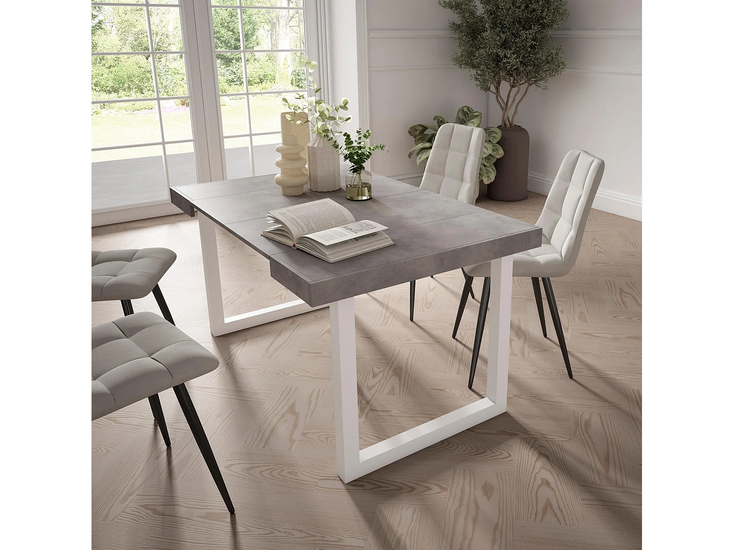 Uitschuifbare Consoletafel, 140x90x73cm, Voor 6 personen, Massief houten poten, Cement