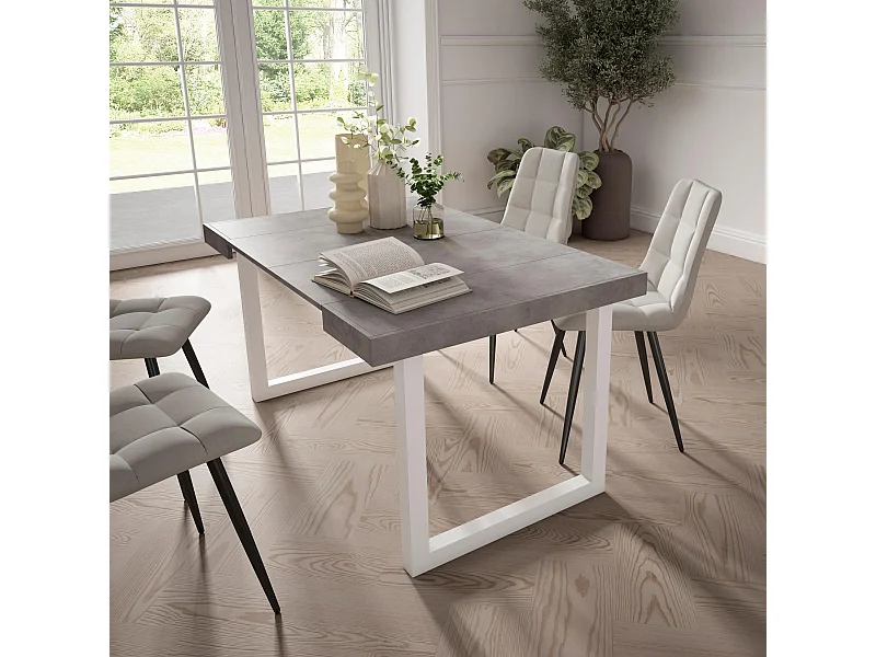 Uitschuifbare Consoletafel, 140x90x73cm, Voor 6 personen, Massief houten poten, Cement