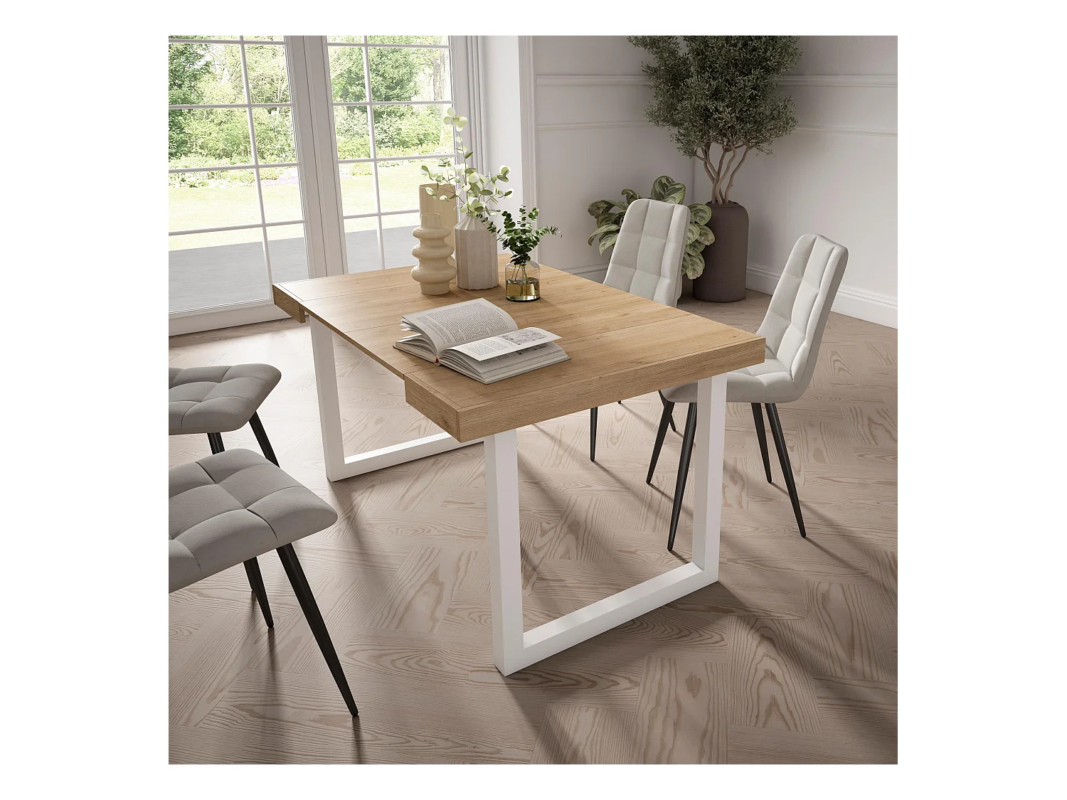 Table console extensible, 140x90x73cm, Pour 6 personnes, Pieds bois massif, Chêne