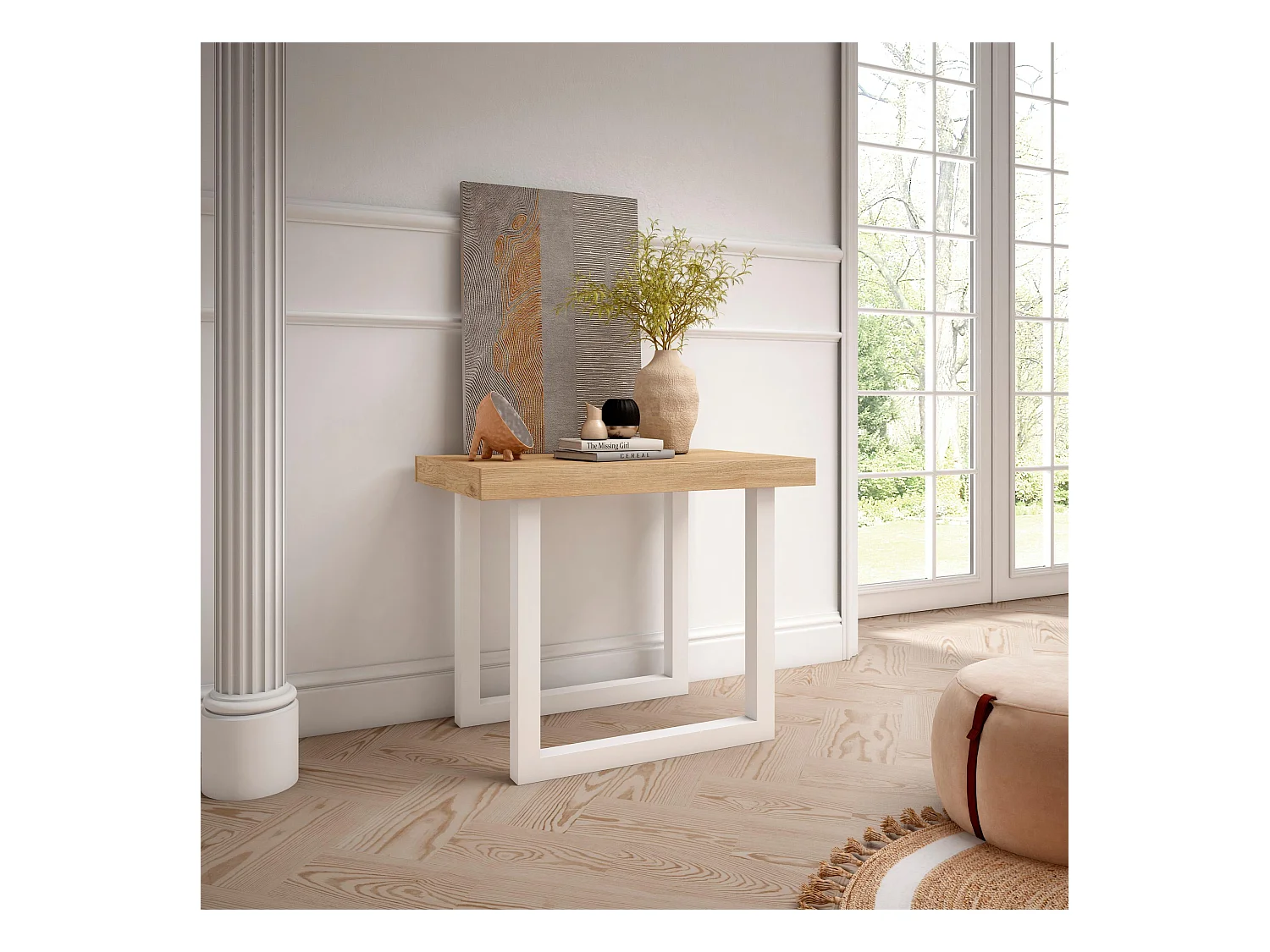 Table console extensible, 140x90x73cm, Pour 6 personnes, Pieds bois massif, Chêne