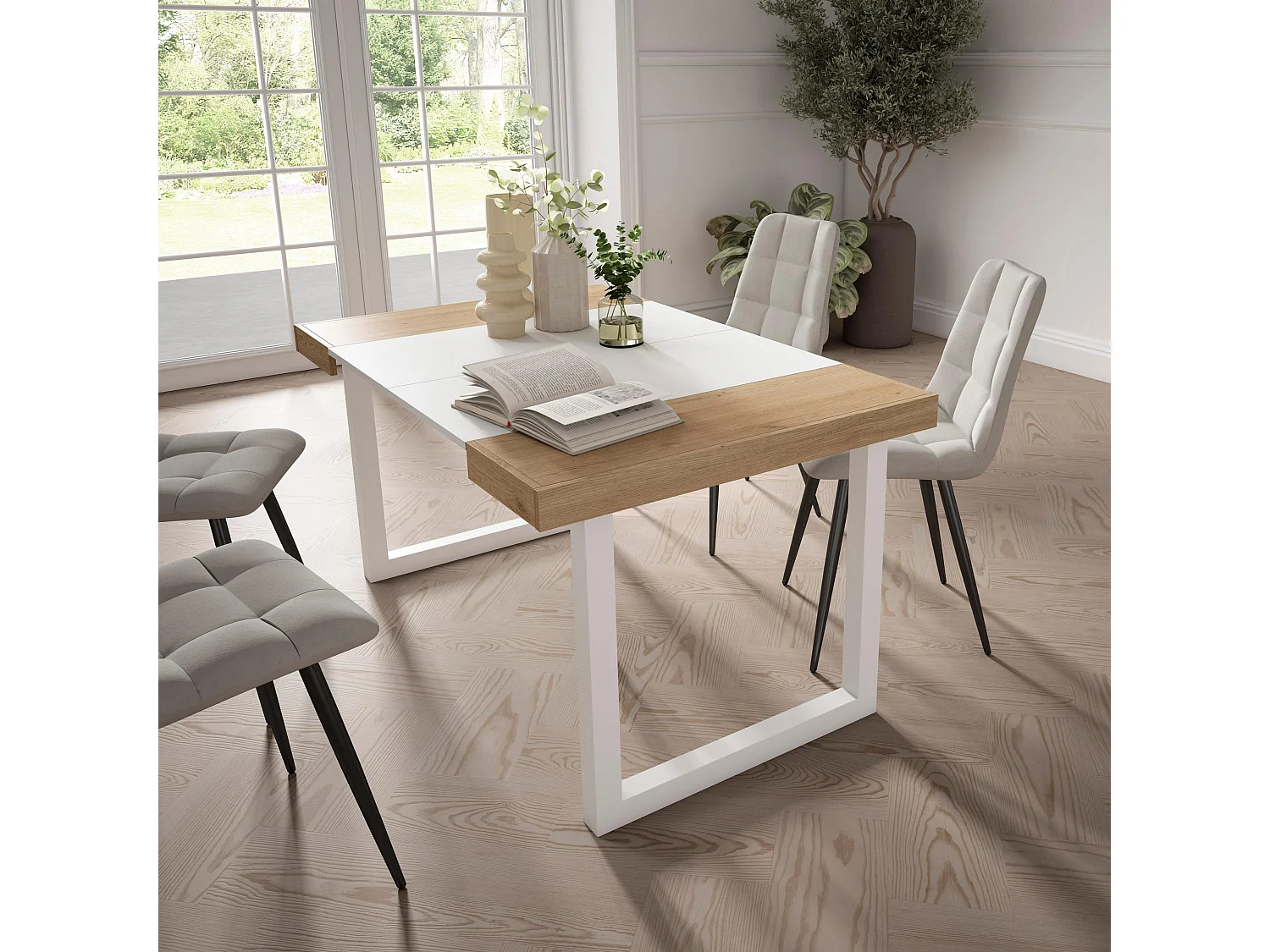 Table console extensible, 140x90x73cm, Pour 6 personnes, Pieds bois massif, Chêne et blanc