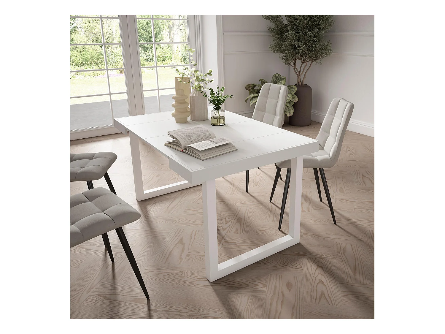 Table console extensible, 140x90x73cm, Pour 6 personnes, Pieds bois massif, Blanc