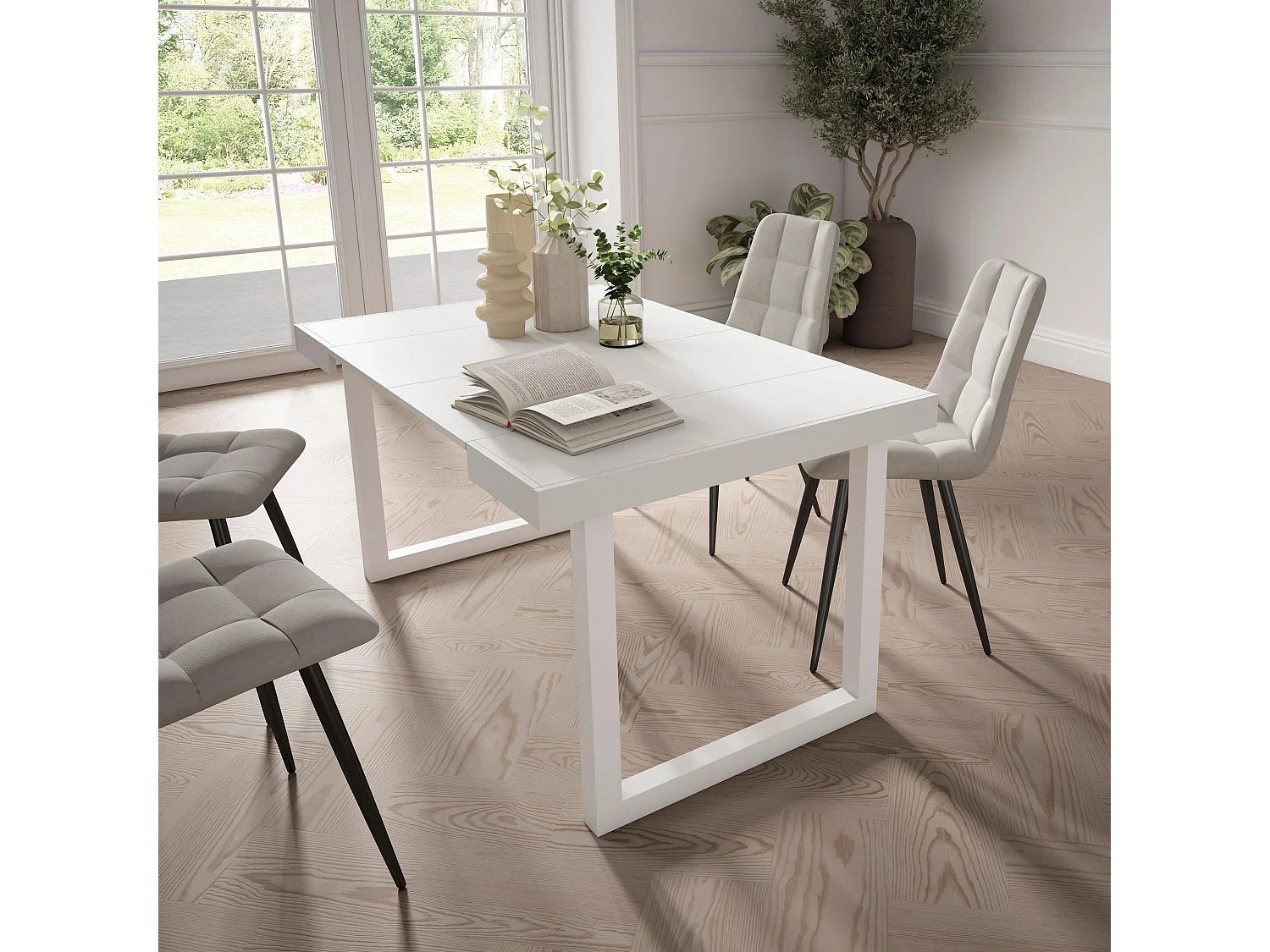 Uitschuifbare Consoletafel, 140x90x73cm, Voor 6 personen, Massief houten poten, Wit