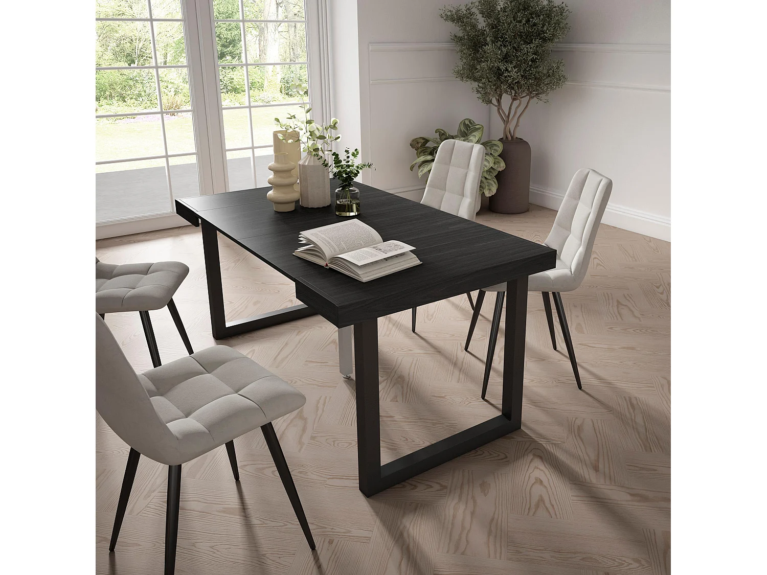 Uitschuifbare Consoletafel, 160x90x73cm, Voor 8 personen, Massief houten poten, Zwart