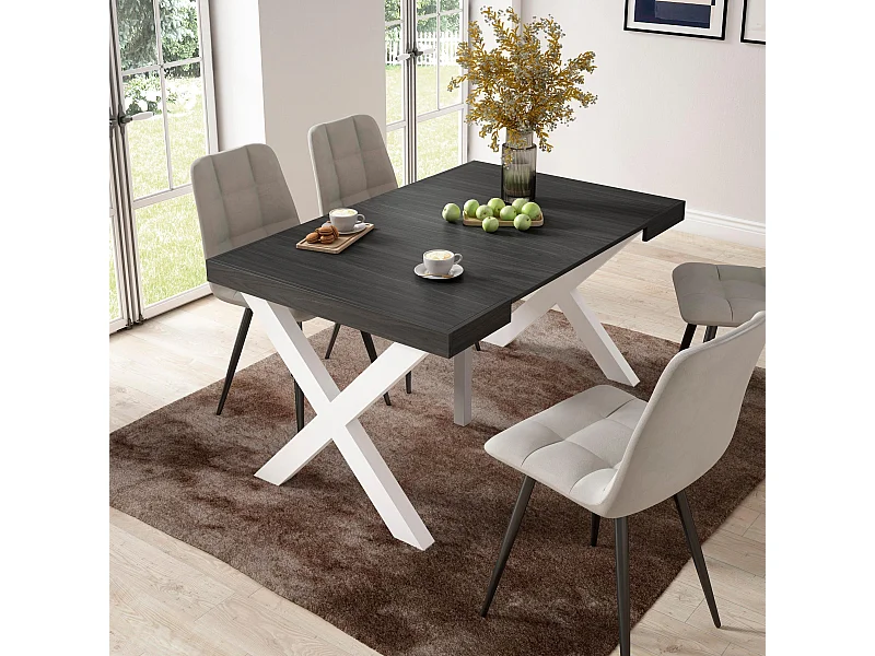 Uitschuifbare Consoletafel, 140x90x73cm, Voor 6 personen, Massief houten poten, Zwart