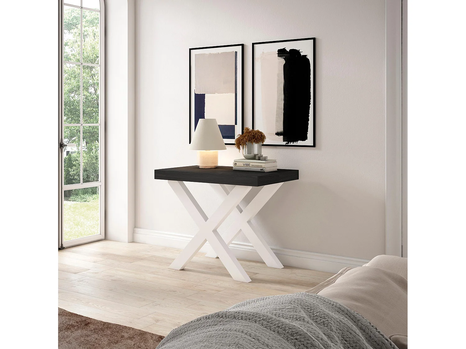 Uitschuifbare Consoletafel, 140x90x73cm, Voor 6 personen, Massief houten poten, Zwart