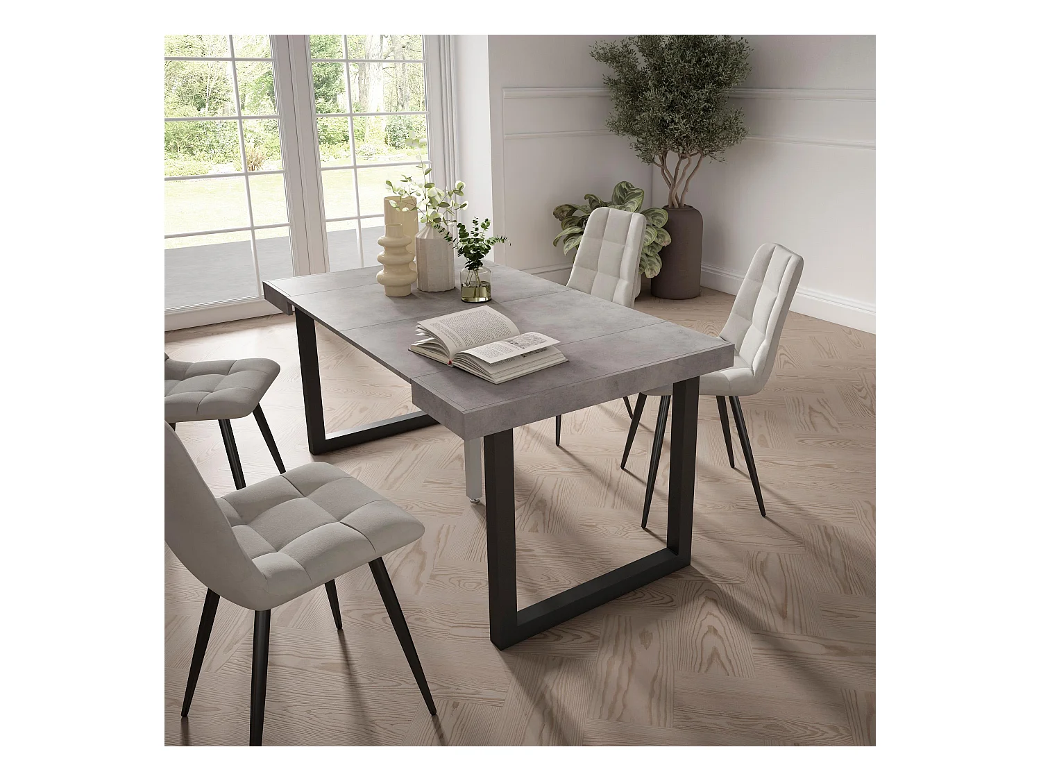 Table console extensible, 160x90x73cm, Pour 8 personnes, Pieds bois massif, Ciment