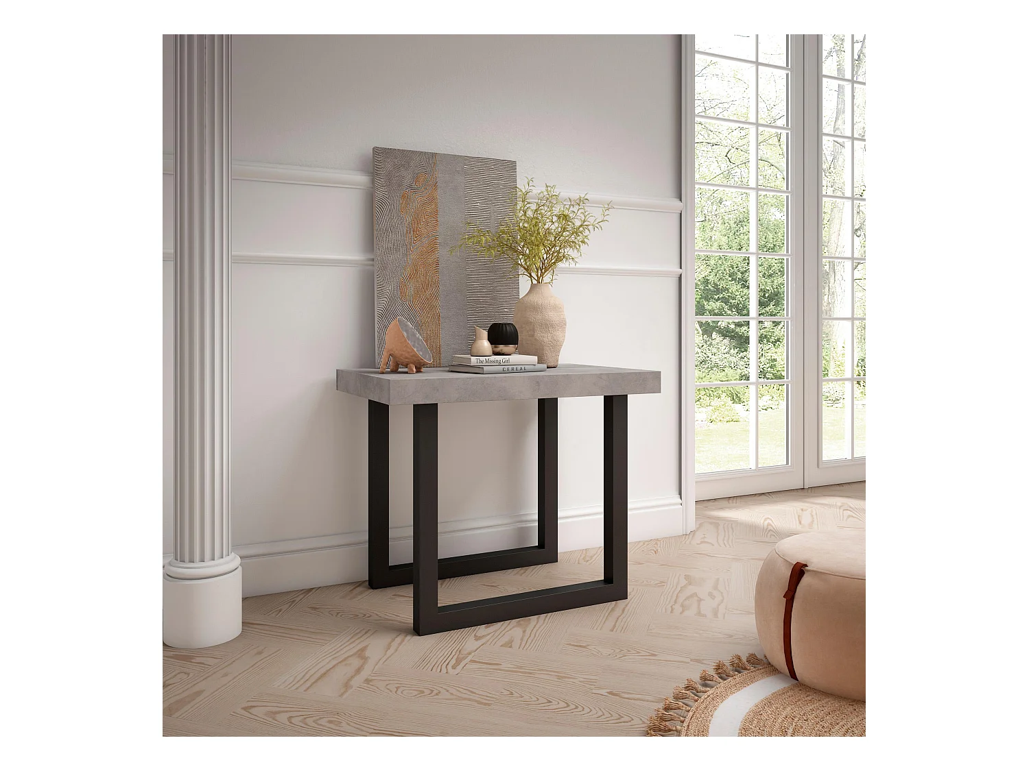 Table console extensible, 160x90x73cm, Pour 8 personnes, Pieds bois massif, Ciment