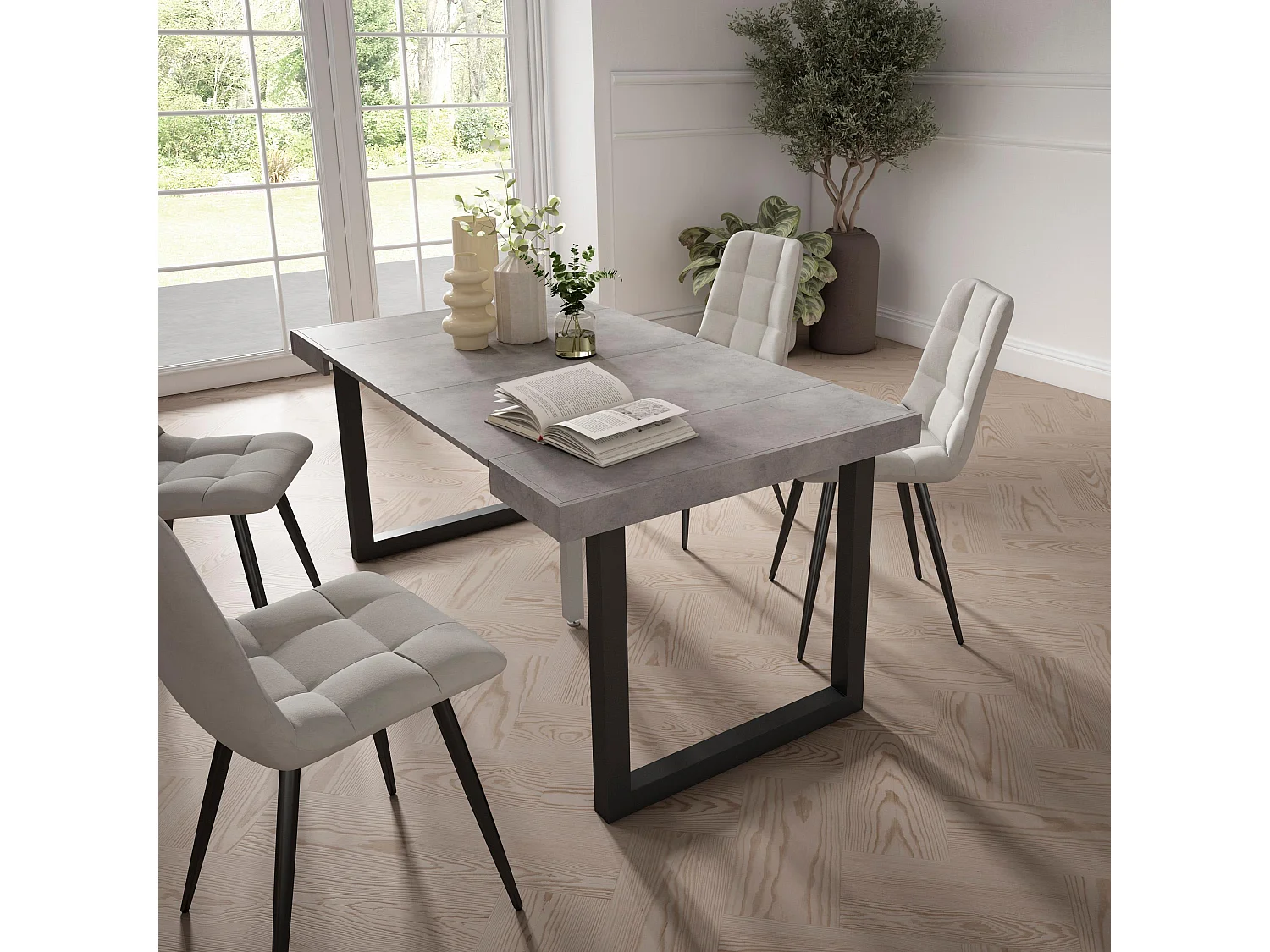 Table console extensible, 160x90x73cm, Pour 8 personnes, Pieds bois massif, Ciment