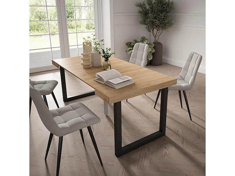 Table console extensible, 180x90x73cm, Pour 8 personnes, Pieds bois massif, Chêne