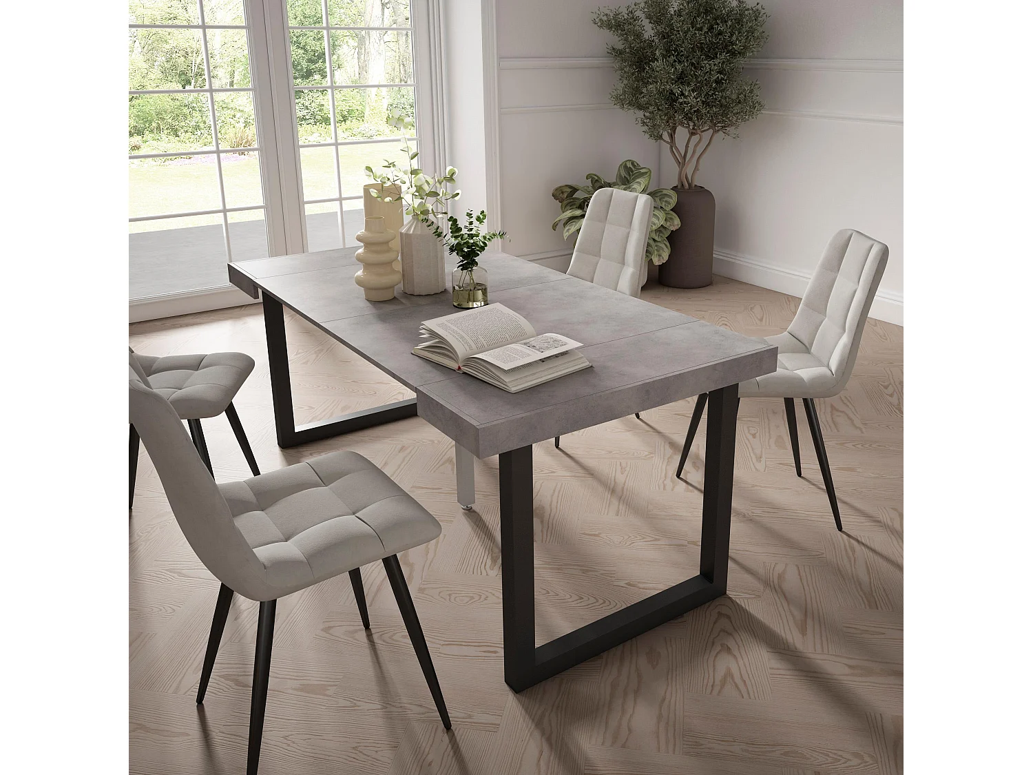 Table console extensible, 180x90x73cm, Pour 8 personnes, Pieds bois massif, Ciment