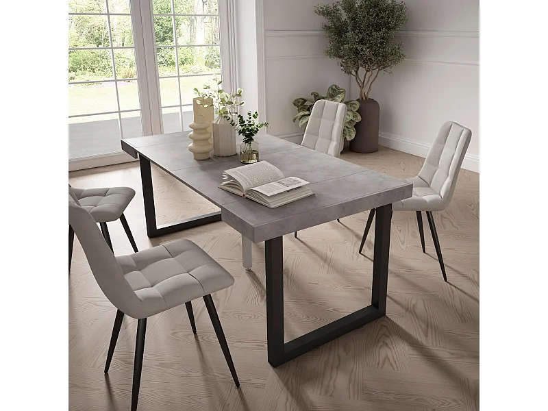 Table console extensible, 180x90x73cm, Pour 8 personnes, Pieds bois massif, Ciment