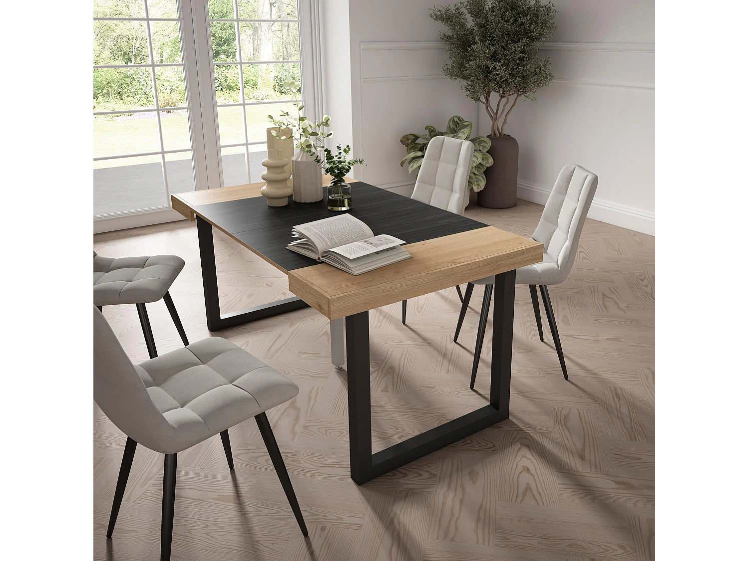 Uitschuifbare Consoletafel, 160x90x73cm, Voor 8 personen, Massief houten poten, Eiken/Zwart