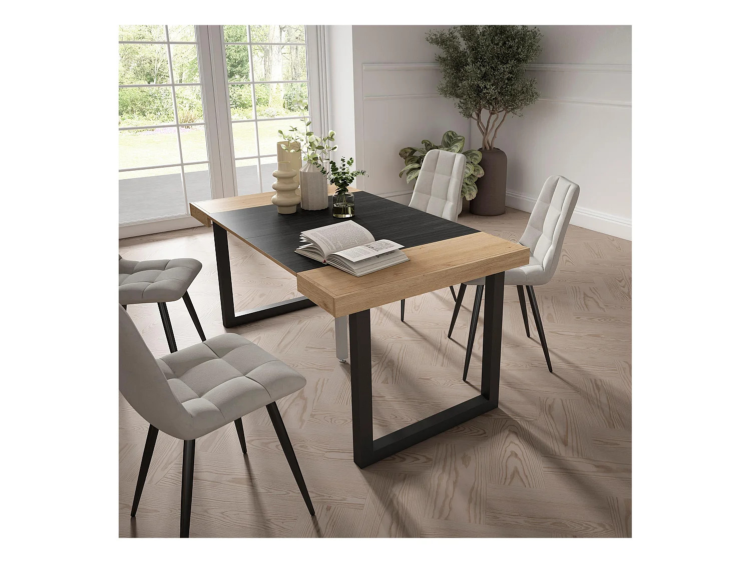 Table console extensible, 160x90x73cm, Pour 8 personnes, Pieds bois massif, Chêne et noir
