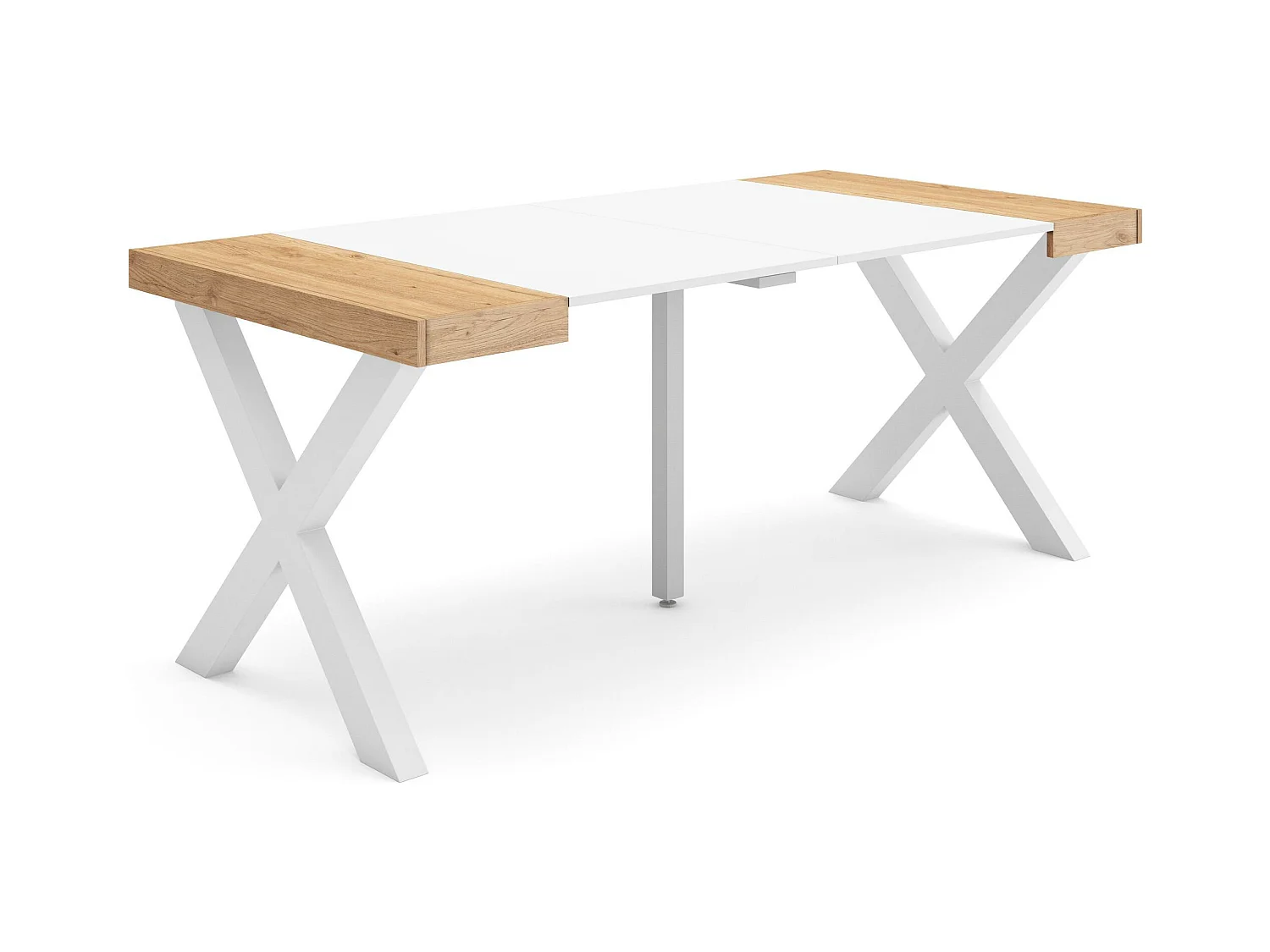 Table console extensible, 180x90x73cm, Pour 8 personnes, Pieds bois massif, Chêne et blanc